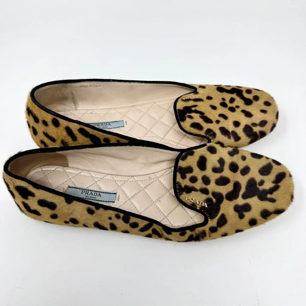Prada Brown Black Pony Hair Leather Cheetah Print Loafer Flats